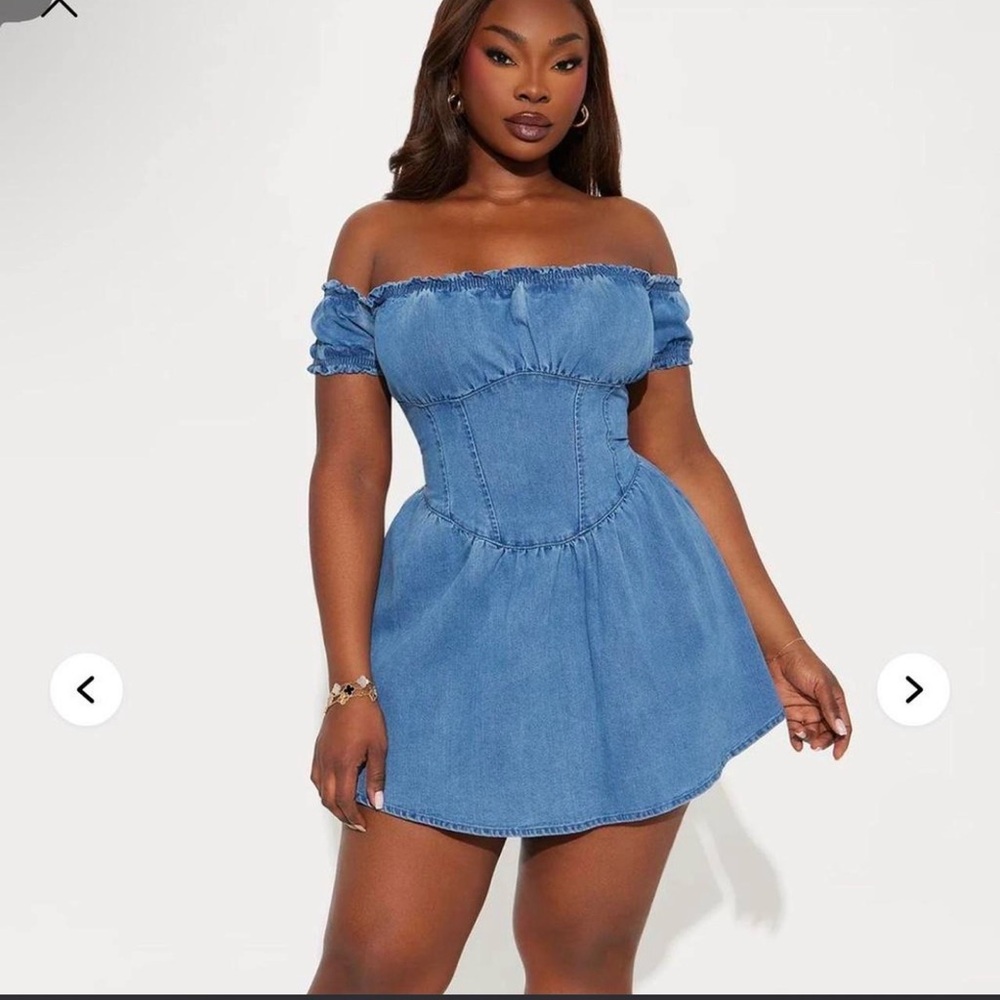 Fashion Nova Off-Shoulder Denim Mini Dress in Blue
